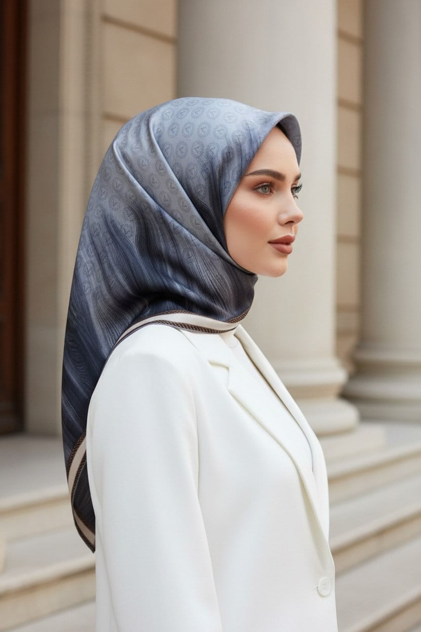100% Twill İpek Monogram Desenli Gri Renkli 90x90 Dikim Şekli : El Dikişi Eşarp