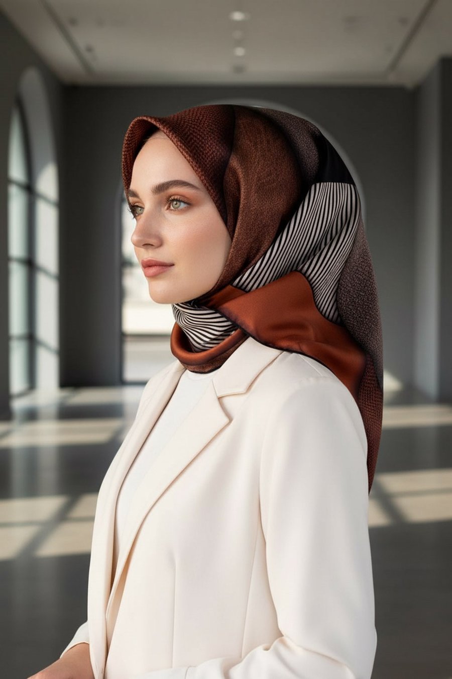%100 Twill İpek Dokulu ve Geometrik Desenli Taba - Siyah Renkli 90x90 Eşarp Dikim Şekli : El Dikişi