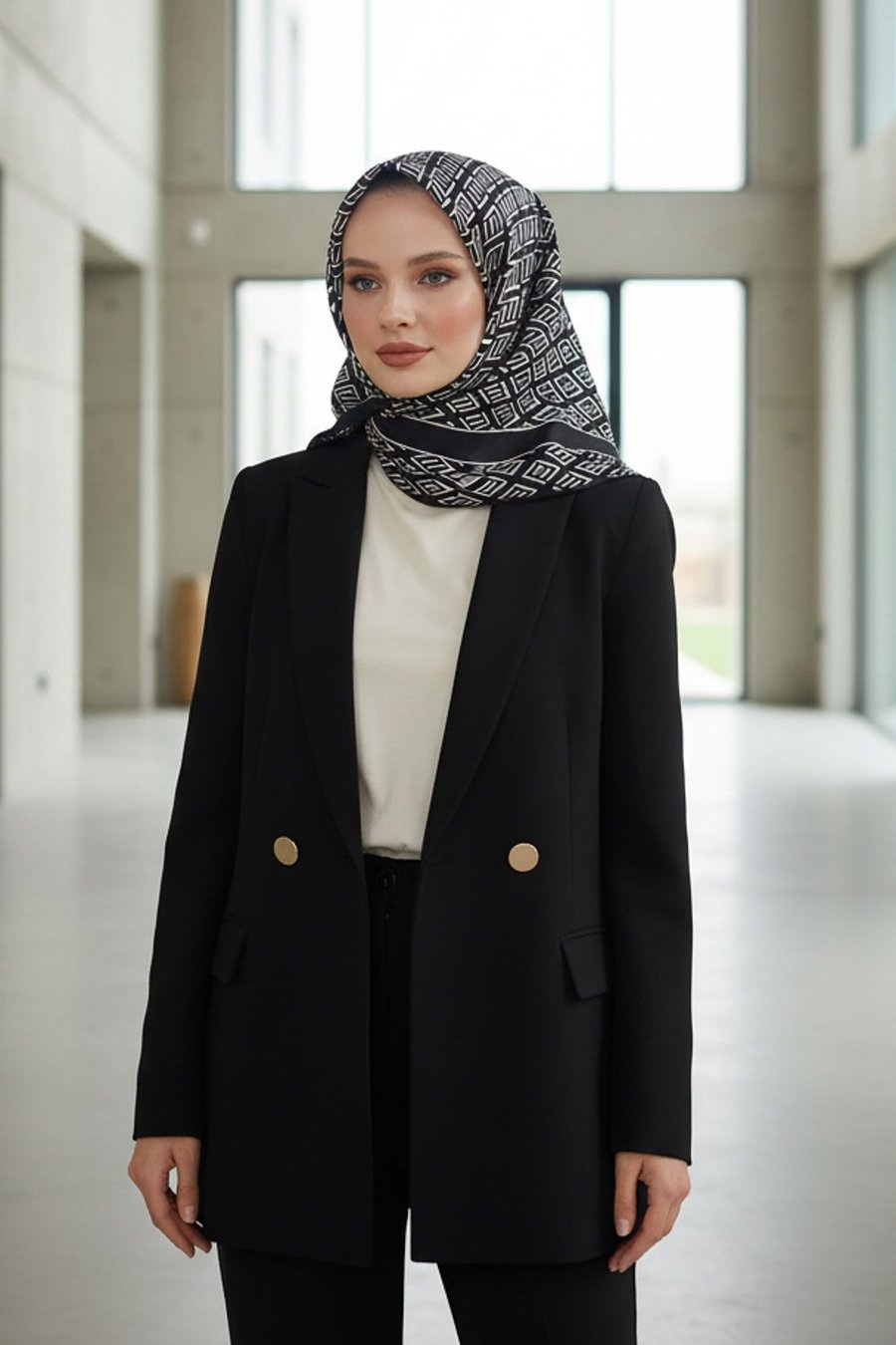 % 57 İPEK % 43 VİSKON Twill İpek Geometrik Desenli Siyah - Krem Renkli 90x90 Eşarp Dikim Şekli : El Dikişi