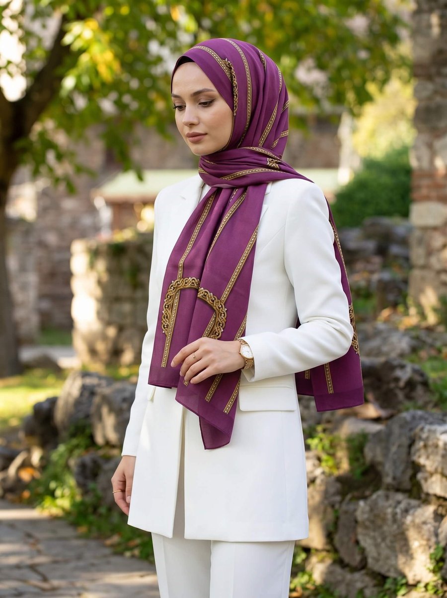 KREP ZİNCİR DESENLİ MÜRDÜM RENKLİ 75X195 KIRIŞMAZ ŞAL