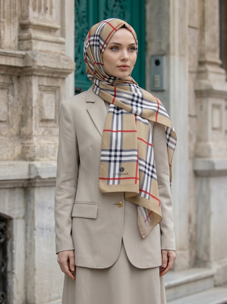 KREP EKOSE DESENLİ BEJ RENKLİ 75X195 KIRIŞMAZ ŞAL