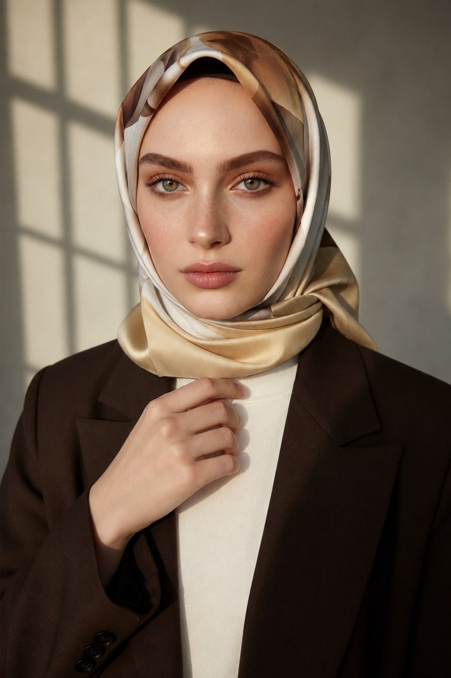 %100 Twill İpek Büyük Çiçek Desenli Sütlü Kahve - Vizon Renkli 90x90 Eşarp Dikim Şekli : El Dikişi