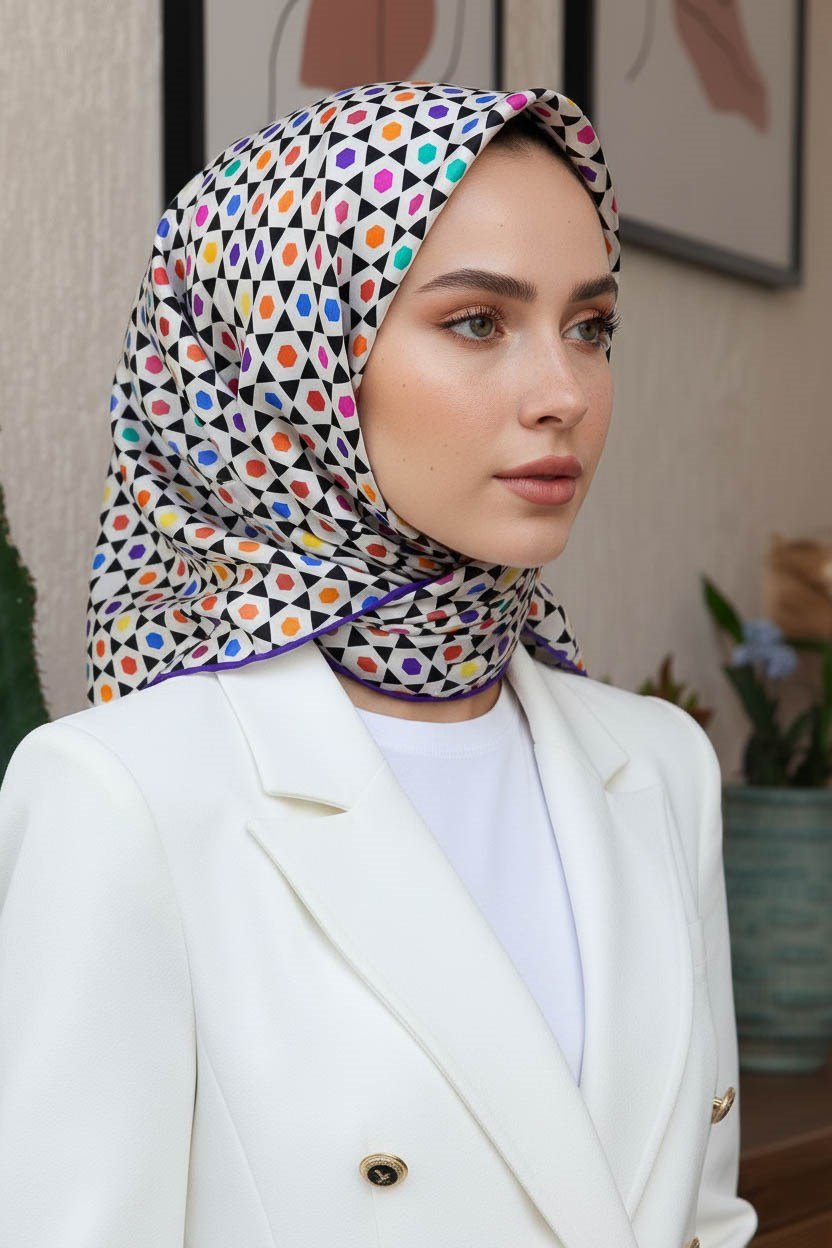 %100 Twill İpek Nokta Desenli Krem - Mor Renkli 90x90 Eşarp Dikim Şekli : El Dikişi