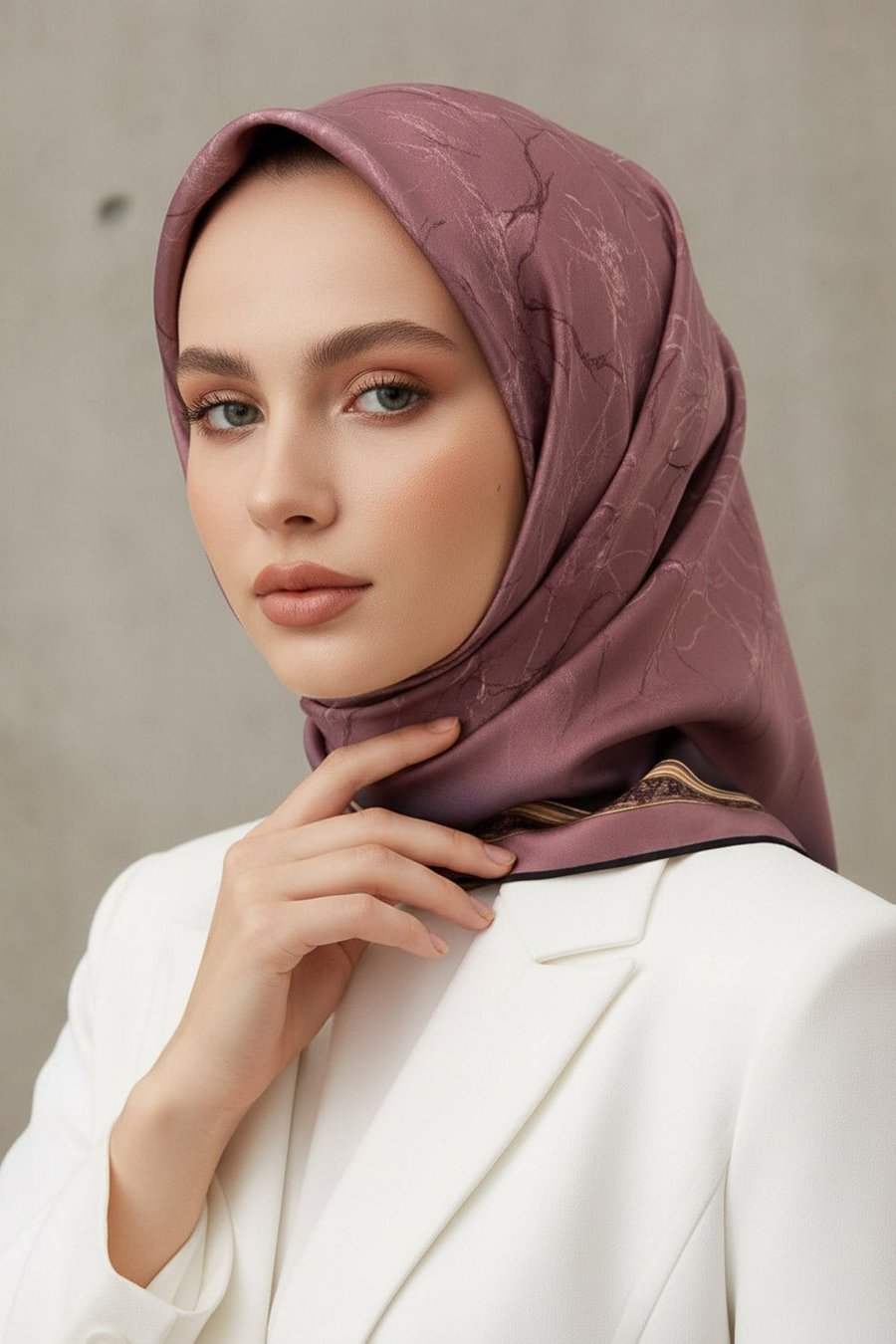 %100 Twill İpek Mermer Desenli Gül Kurusu Renkli 90x90 Eşarp Dikim Şekli : El Dikişi