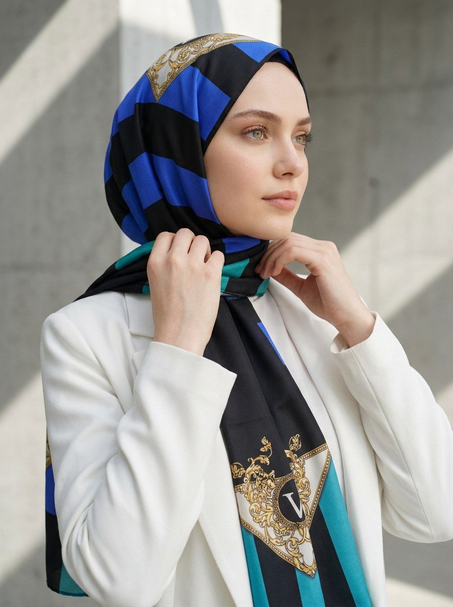 %100 Saf İpek Şal İnce Saten Vual Dokuma Şerit Ve Varak Desenli Bebe Mavisi - Siyah Renkli 90x210 Şal