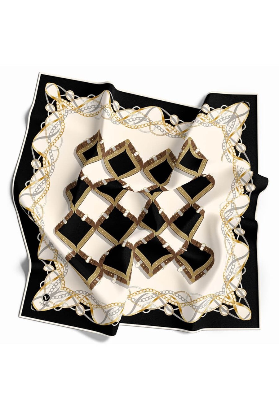 Twill Kemer Ve Zincir Desenli Siyah Renkli 90x90 Eşarp (İpek İçermez) Kenar Dikiş Şekli El Dikişli