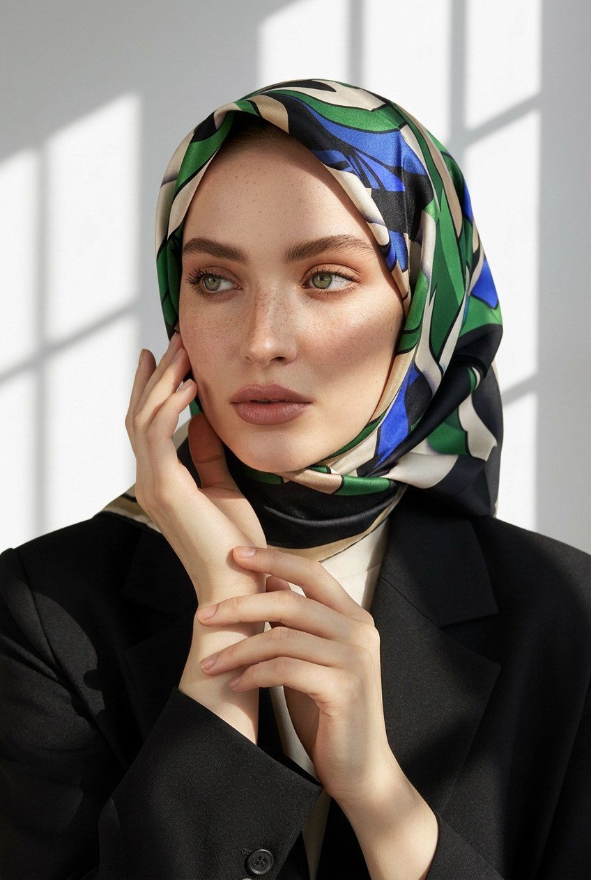 % 57 İPEK % 43 VİSKON Twill İpek Geometrik Desenli Saks - Zümrüt Yeşili Renkli 90x90 Dikim Şekli : El Dikişi Eşarp