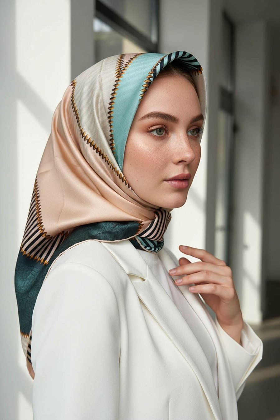 %100 Twill İpek Geometrik Desenli Zümrüt Yeşili - Somon Renkli 90x90 Eşarp Dikim Şekli : El Dikişi