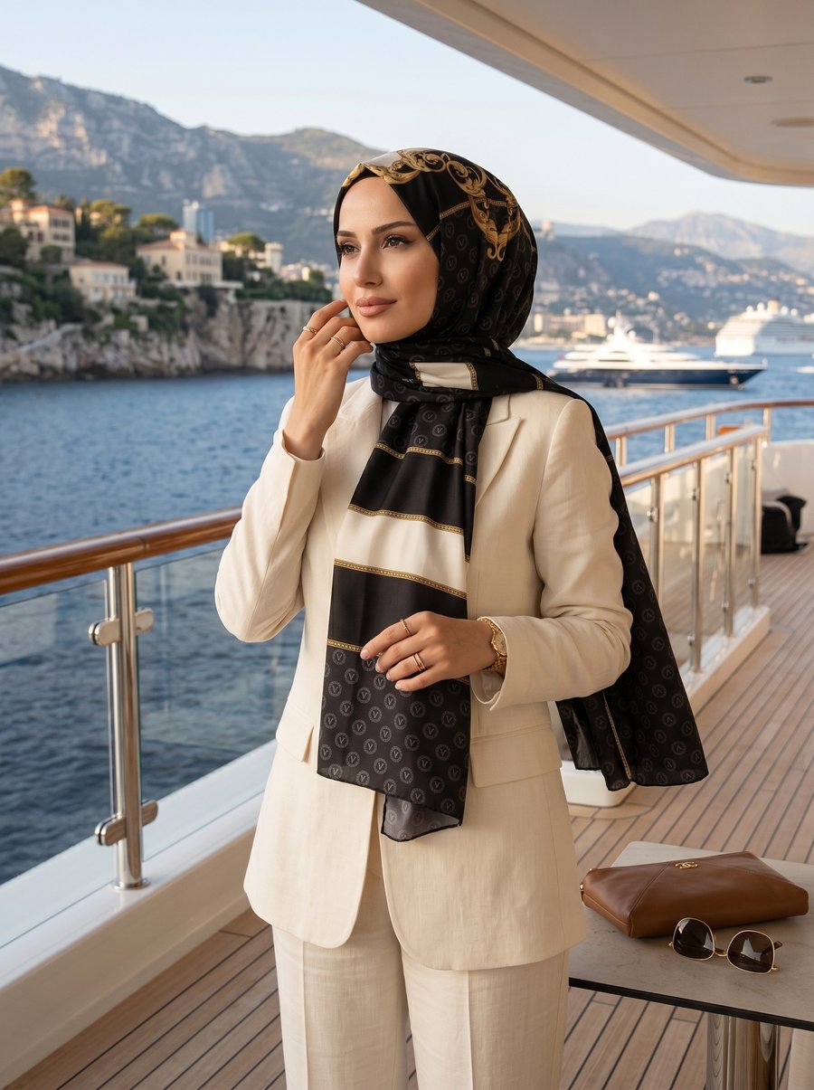 %100 Saf İpek Şal İnce Saten Vual Dokuma Monogram Ve Varak Desenli Siyah - Gold Renkli 90x210 Şal