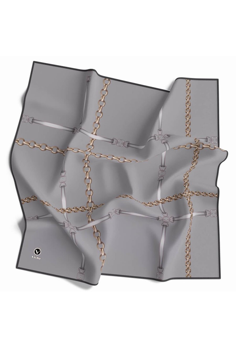 Soft Zincir Desenli Gri Renkli 90x90 Eşarp (İpek İçermez) Kenar Dikiş Şekli El Dikişli