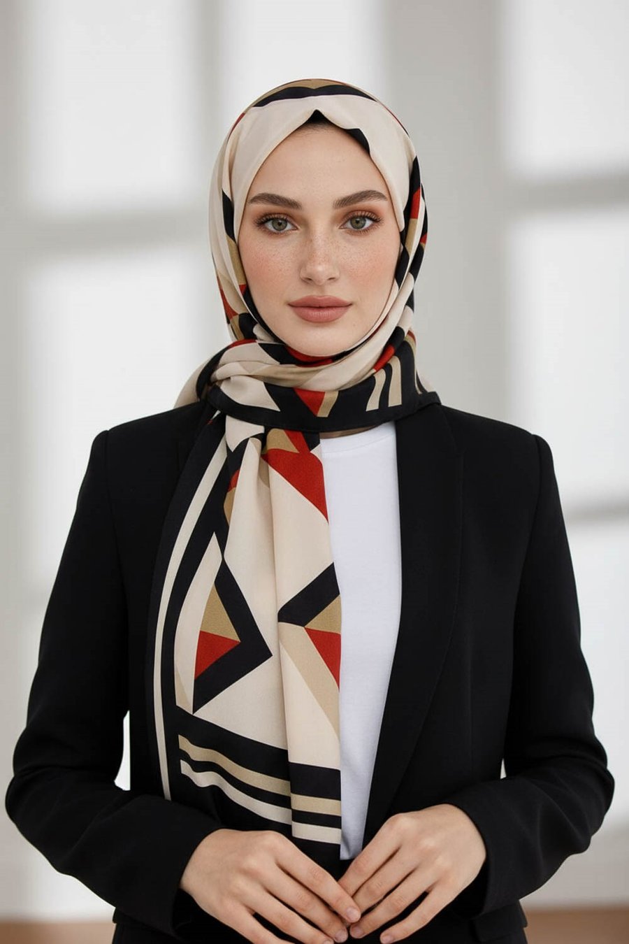 KREP GEOMETRİK DESENLİ SİYAH - BORDO RENKLİ 75X195 KIRIŞMAZ ŞAL