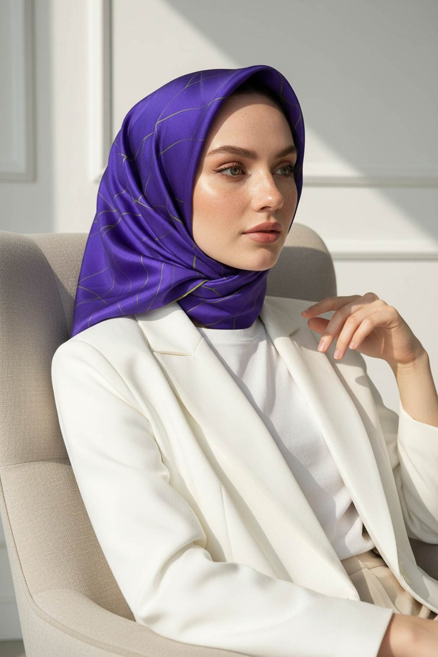 %100 Twill İpek Çizgi Desenli Mor - Haki Renkli 90x90 Eşarp Dikim Şekli : El Dikişi
