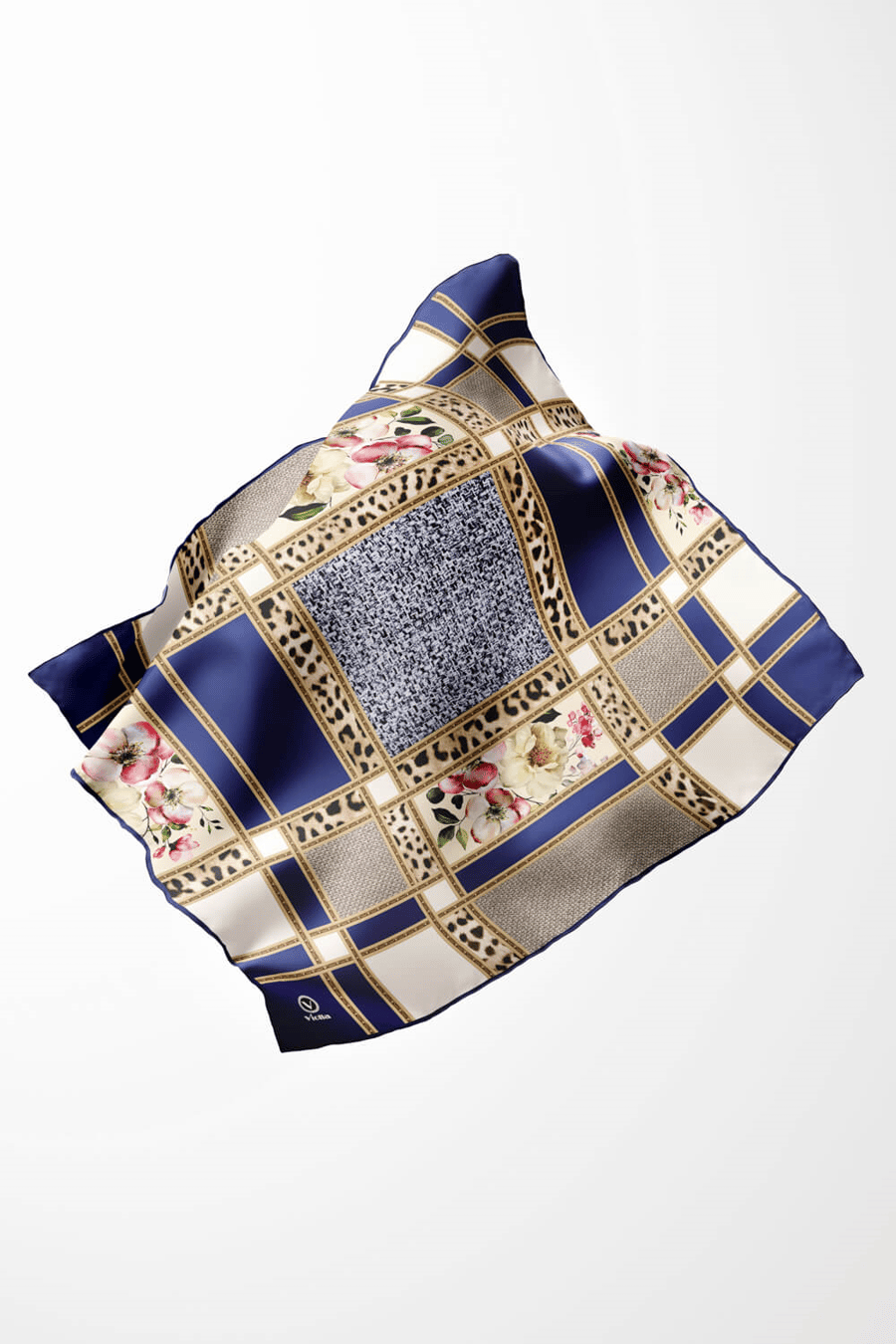 Twill Leopar ve Çiçek Desenli Lacivert - Krem Renkli 90x90 Eşarp (İpek İçermez) Dikim Şekli : El Dikişi