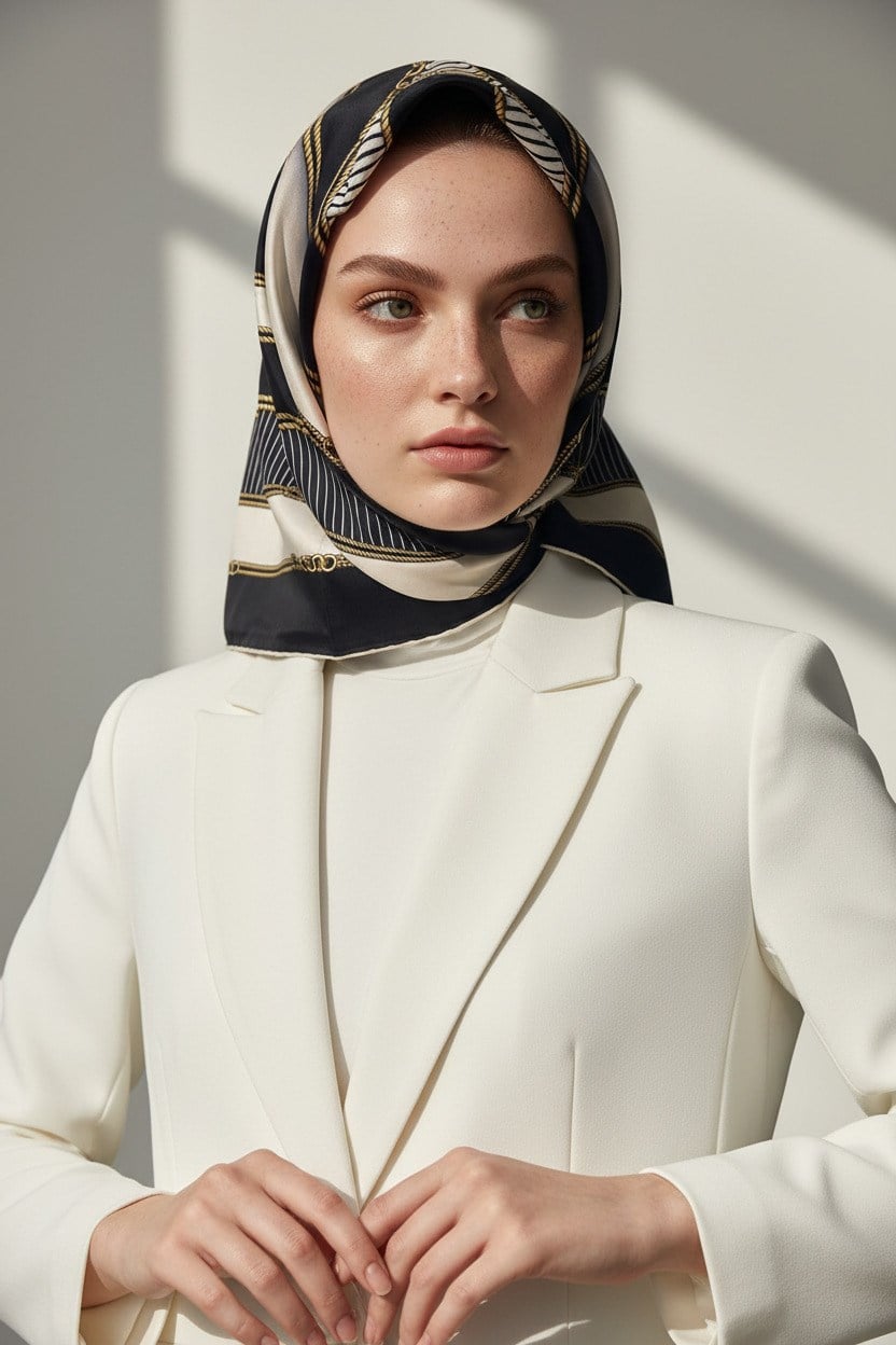 %100 Twill İpek Zincir Detaylı Geometrik Desenli Siyah - Krem Renkli 90x90 Eşarp Dikim Şekli : El Dikişi