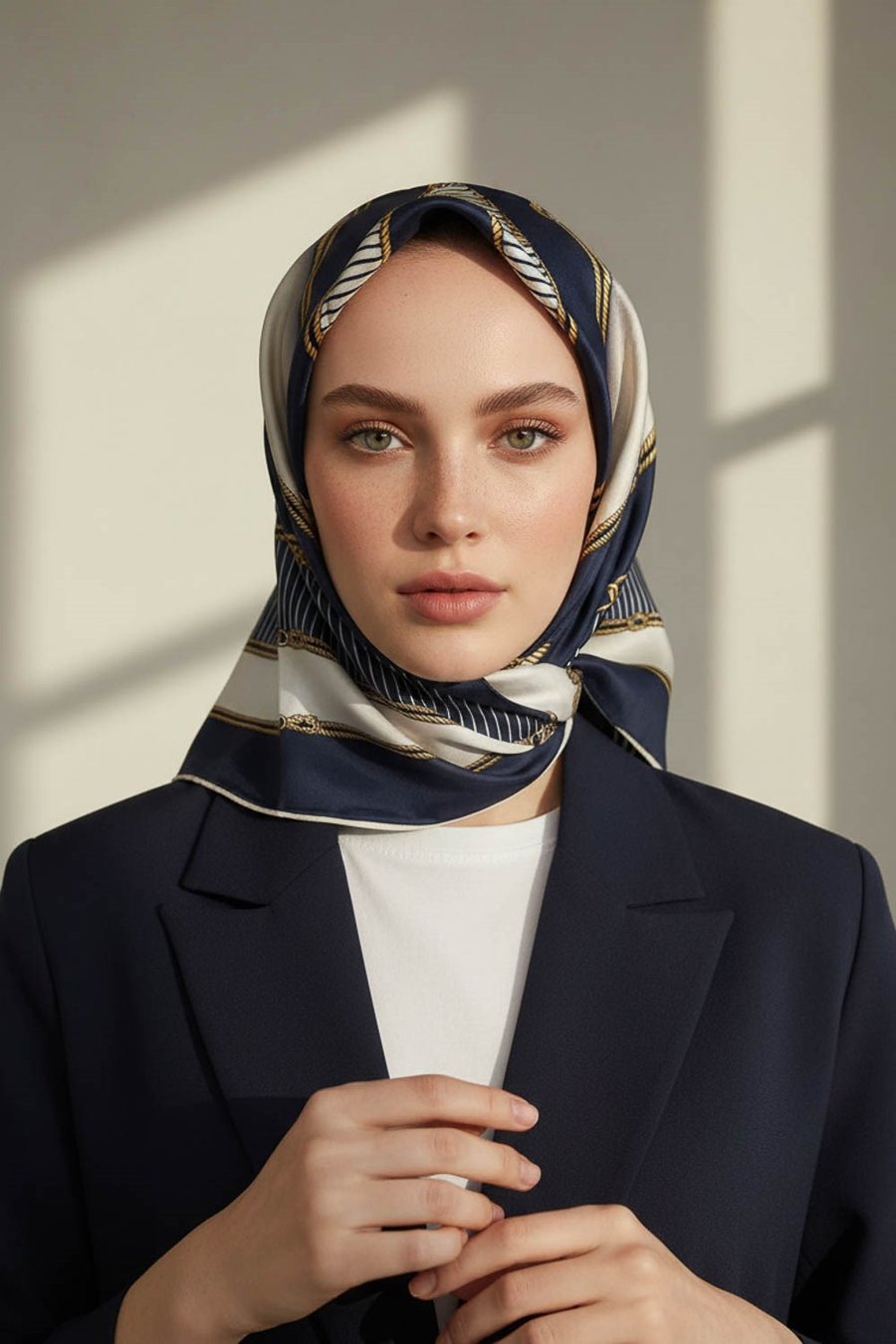 % 57 İPEK % 43 VİSKON Twill İpek Zincir Detaylı Geometrik Desenli Lacivert - Lacivert Renkli 90x90 Eşarp Dikim Şekli : El Dikişi