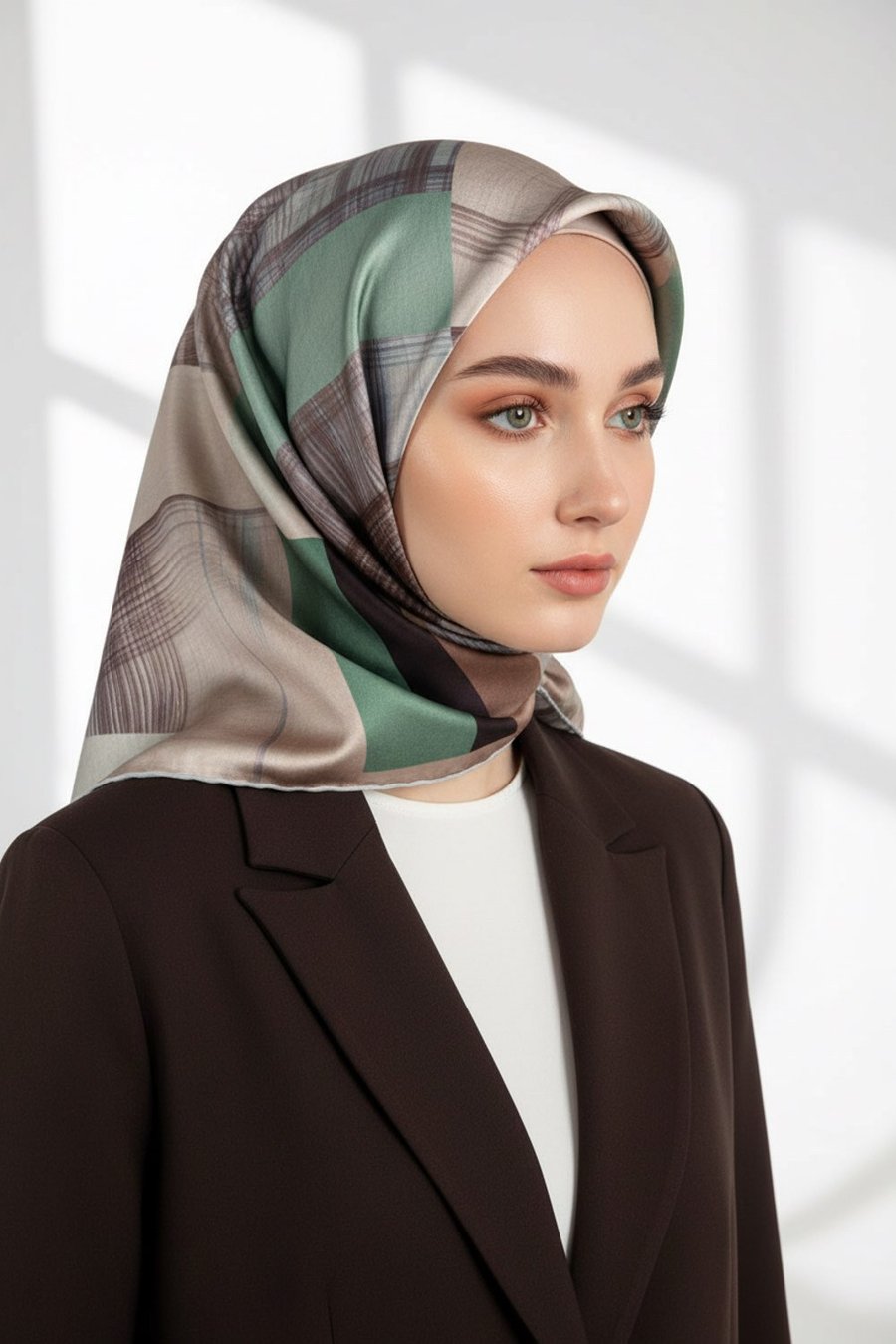 Twill Geometrik Desenli Kahverengi Renkli 90x90 Eşarp (İpek İçermez) Kenar Dikiş Şekli El Dikişli