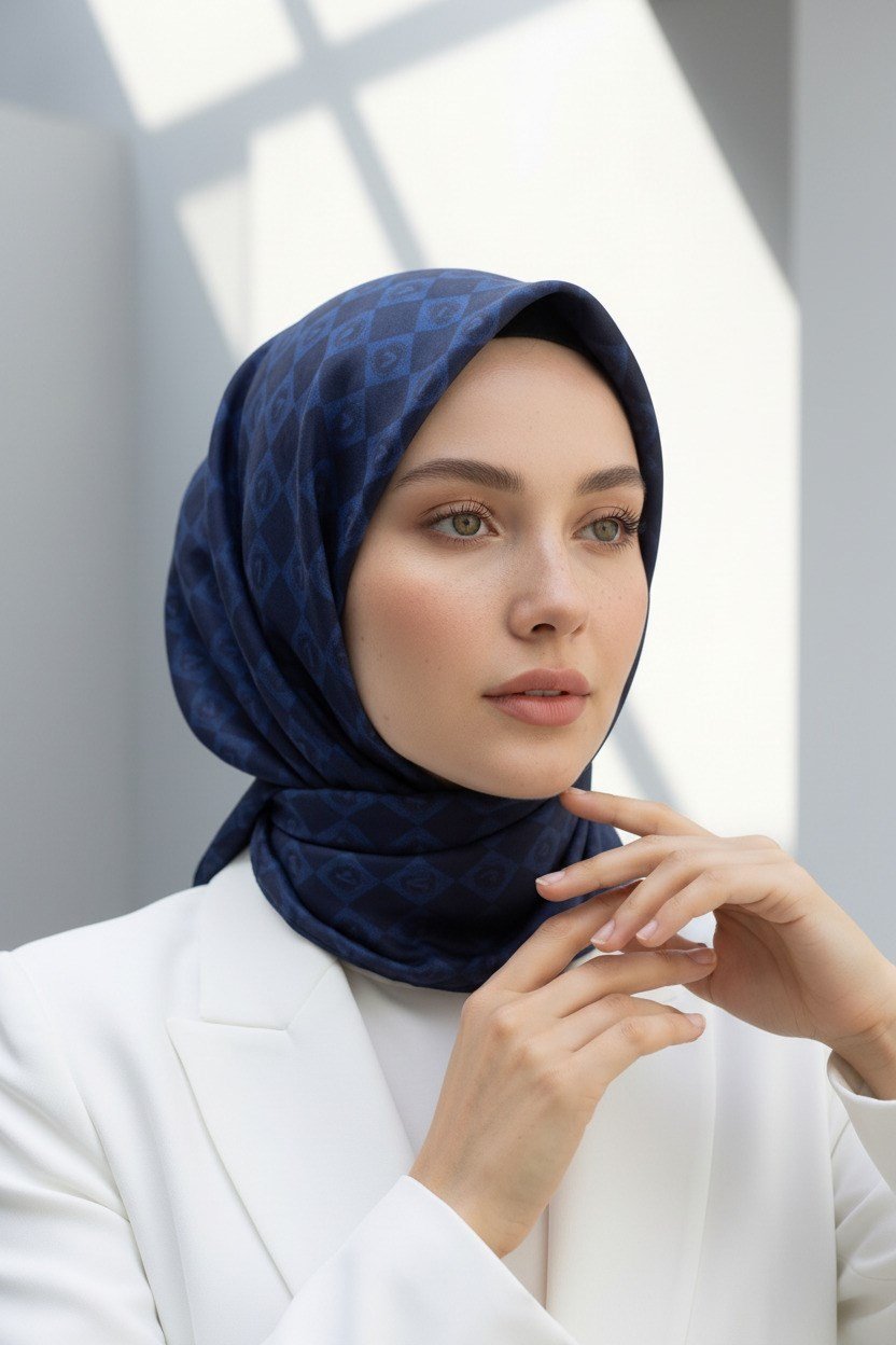 %100 Twill İpek Monogram Desenli Lacivert Renkli 90x90 Eşarp Dikim Şekli : El Dikişi