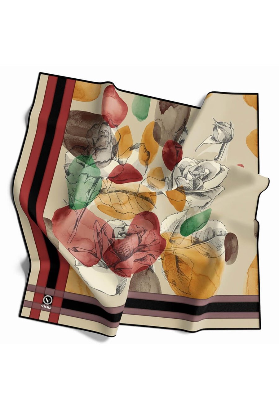 Soft Çiçek Desenli Vizon Renkli 90x90 Eşarp (İpek İçermez) Kenar Dikiş Şekli El Dikişli