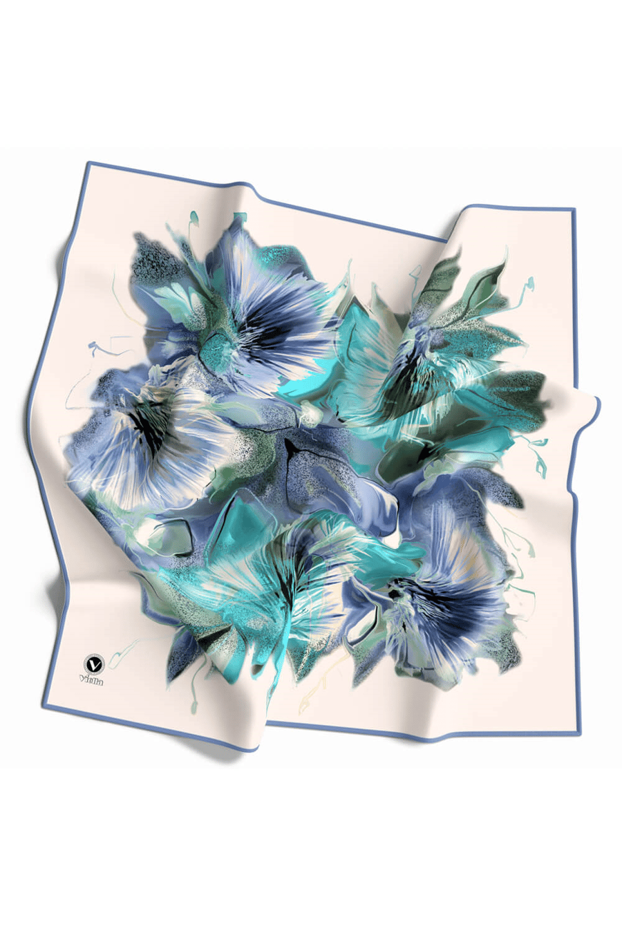 Twill Çiçek Desenli İndigo - Mint Yeşili Renkli 90x90 Eşarp (İpek İçermez) Kenar Dikiş Şekli El Dikişli