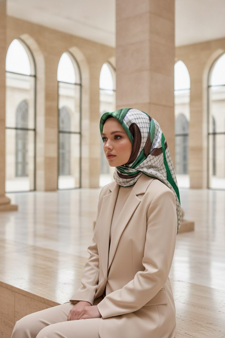 100% Twill Geometrik Halka Desenli Zümrüt Yeşili - Kahverengi  Renkli 90x90 Dikim Şekli : El Dikişi Eşarp
