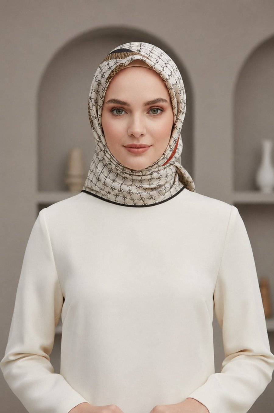 %100 Twill İpek Monogram Ve Şerit Desenli Taba - Siyah Renkli 90x90 Eşarp Dikim Şekli : El Dikişi