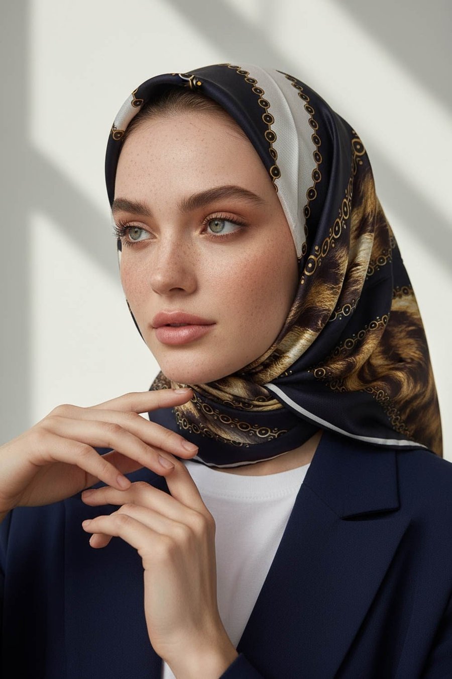 %100 Twill İpek Leopar Desenli Lacivert - Krem Renkli 90x90 Eşarp Dikim Şekli : El Dikişi