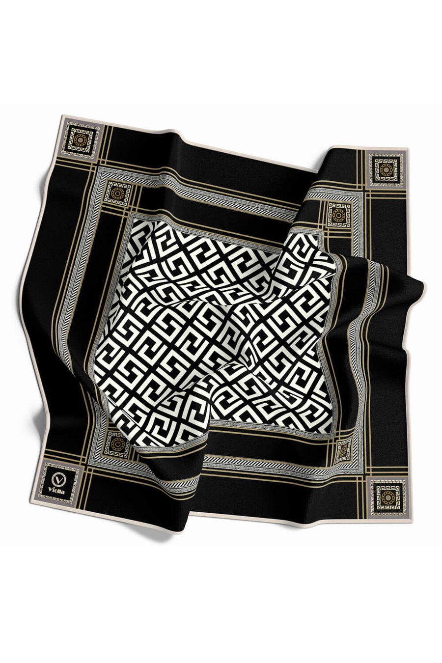Twill Antik Desenli Siyah Renkli 90x90 Eşarp (İpek İçermez) Kenar Dikiş Şekli El Dikişli