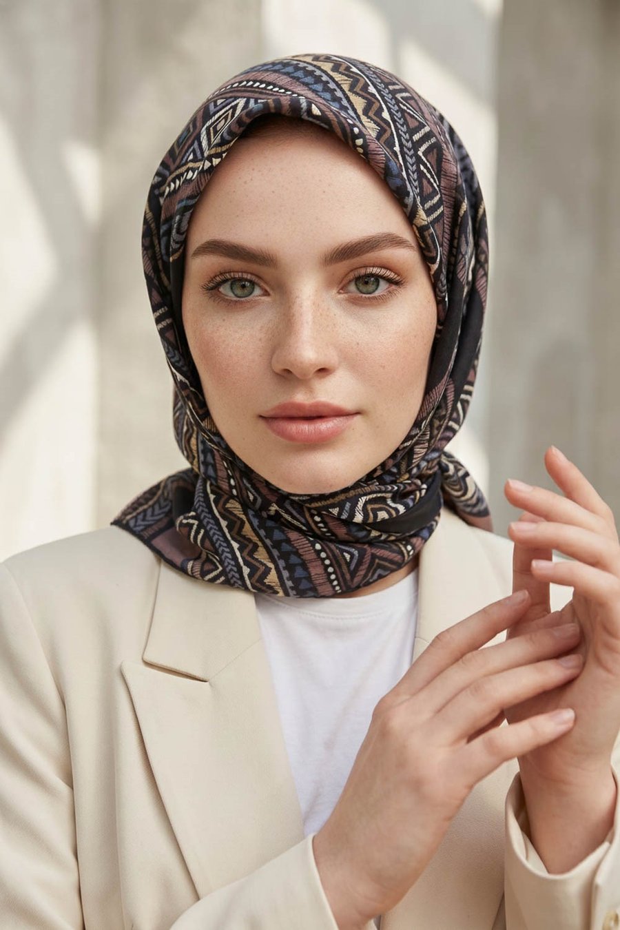 % 57 İPEK % 43 VİSKON Twill İpek Etnik Desenli Gül Kurusu - Siyah Renkli 90x90 Eşarp Dikim Şekli : El Dikişi