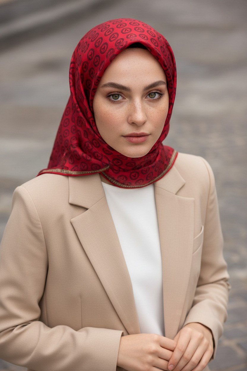 % 57 İPEK % 43 VİSKON Twill İpek Monogram Desenli Kırmızı Renkli 90x90 Eşarp Dikim Şekli : El Dikişi