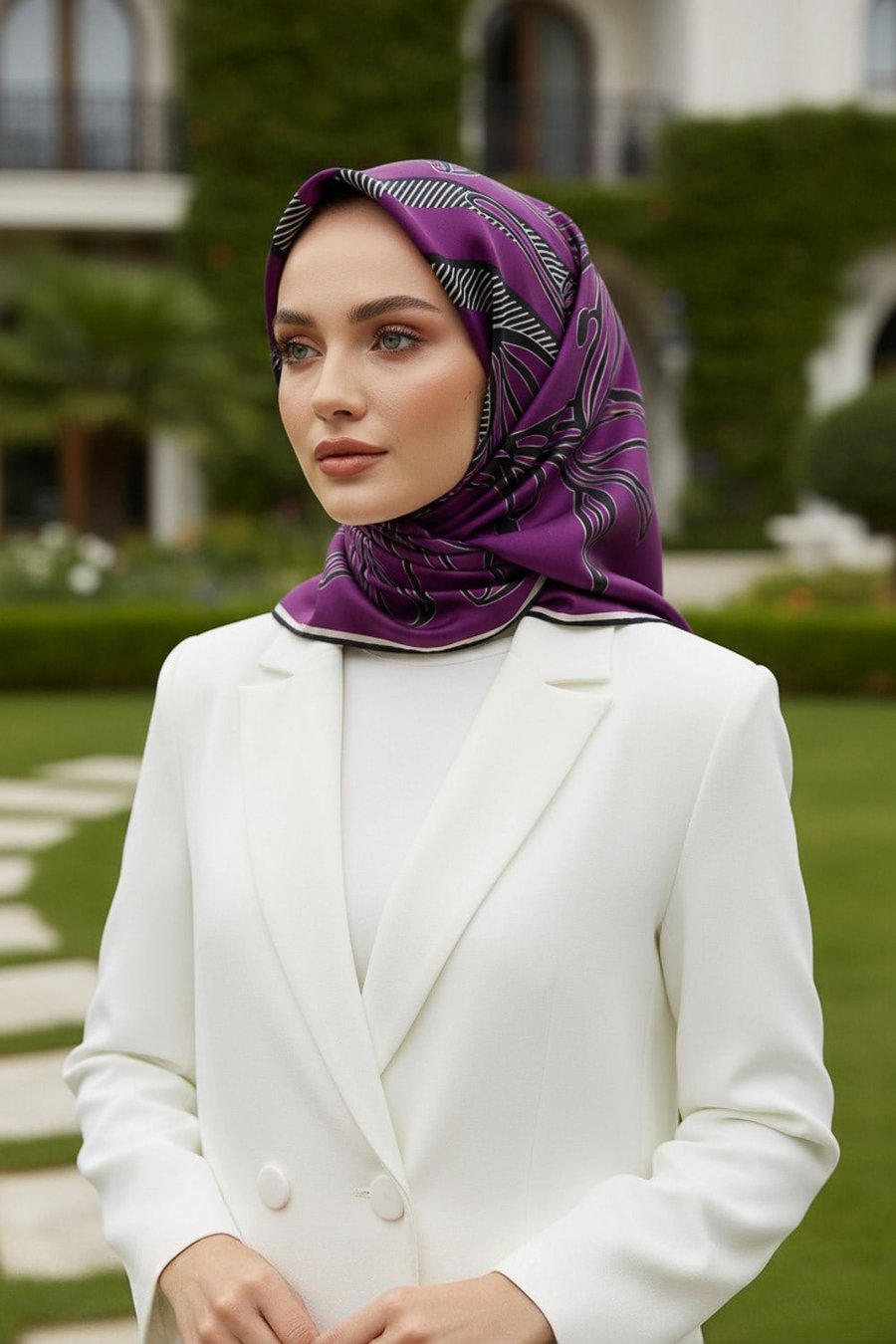 %100 Twill İpek Çizgili Çiçek Desenli Mürdüm - Siyah Renkli 90x90 Eşarp Dikim Şekli : El Dikişi