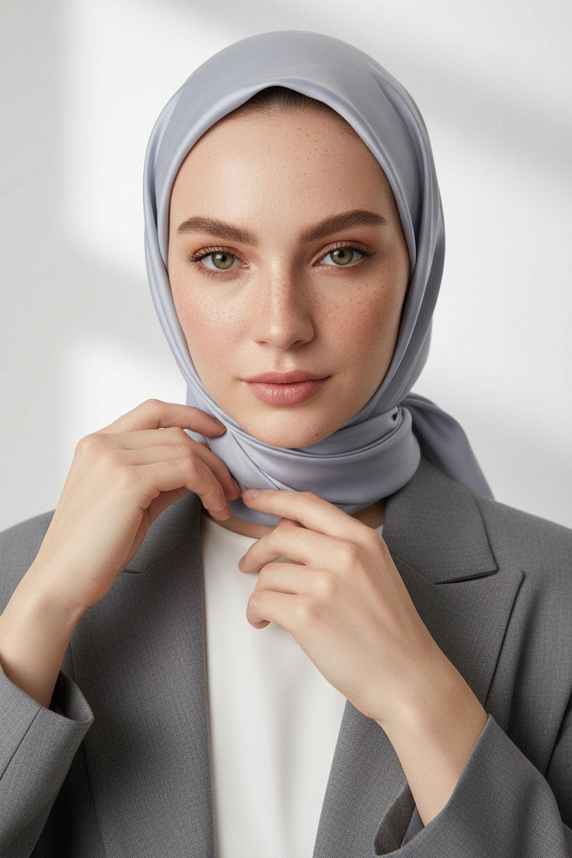 Viskon Twill İpek Az Hatalı Açık Gri  Renkli 90x90 Düz Eşarp Dikim Şekli : El Dikişi