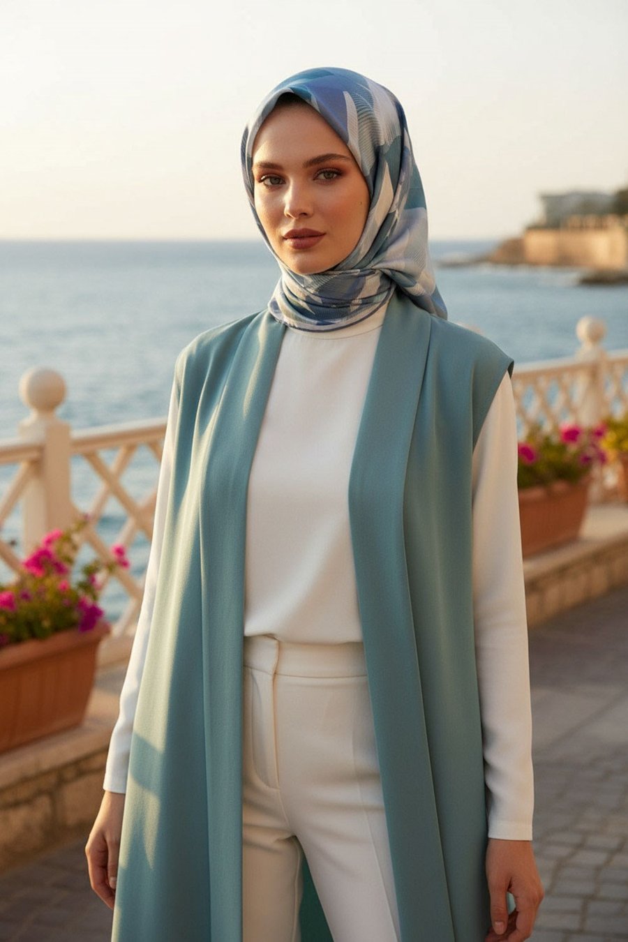 %100 Twill İpek Çiçek Desenli Bebe Mavisi - Petrol Yeşili Renkli 90x90 Eşarp Dikim Şekli : El Dikişi