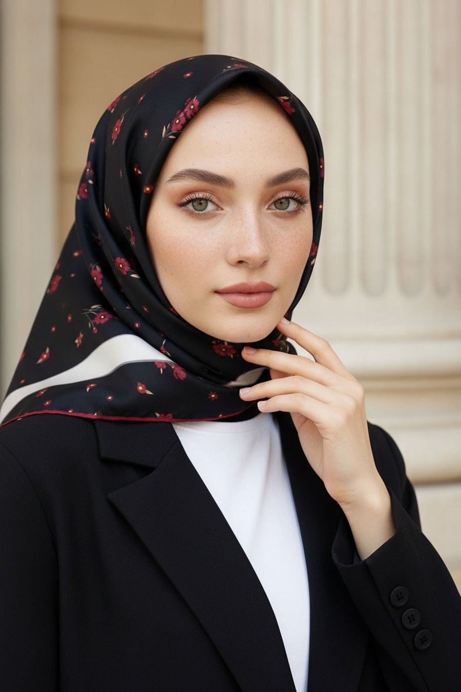 % 57 İPEK % 43 VİSKON Twill İpek Çıtır Çiçek Desenli Siyah - Bordo Renkli 90x90 Eşarp Dikim Şekli : El Dikişi