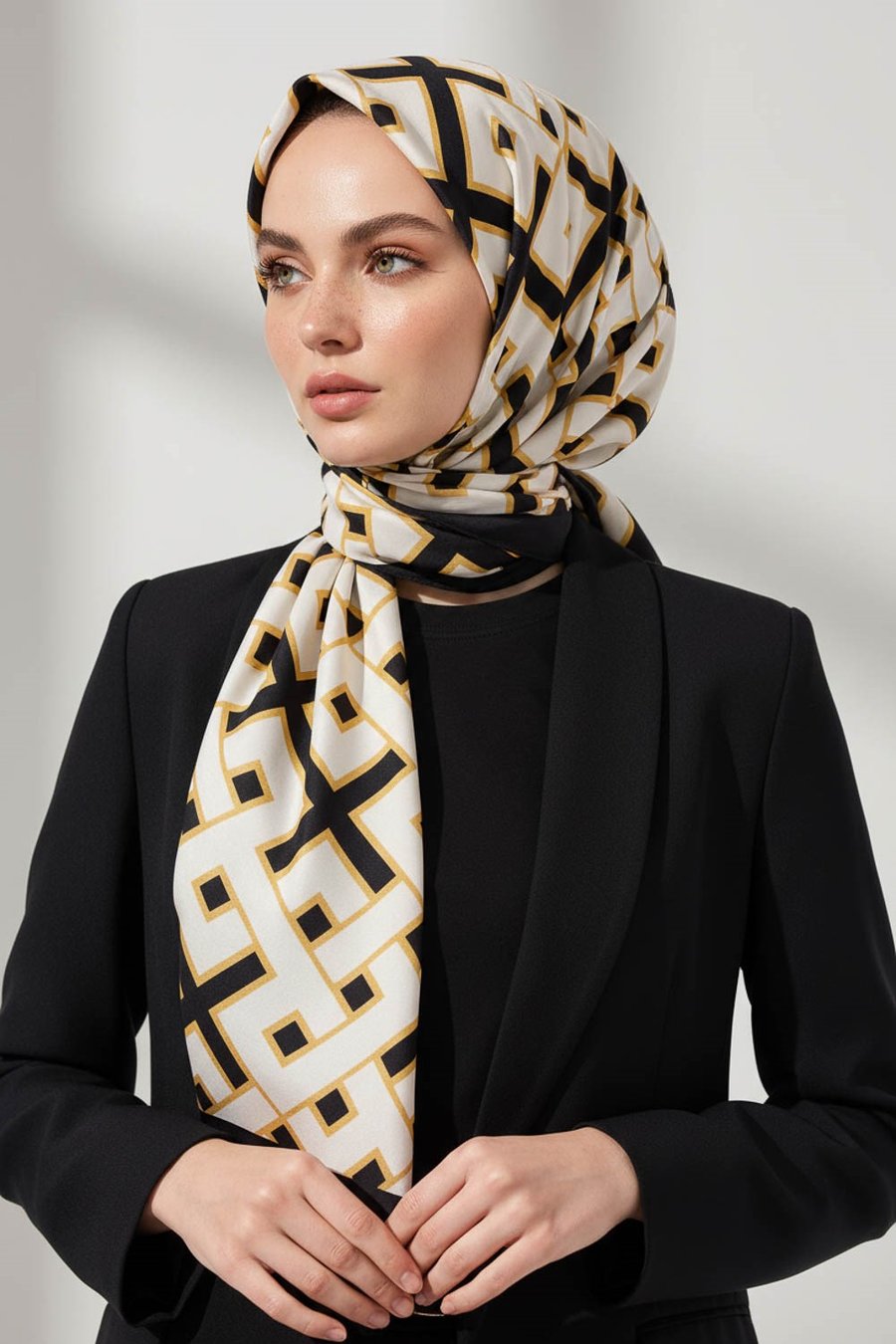 KREP GEOMETRİK DESENLİ SİYAH RENKLİ 75X195 KIRIŞMAZ ŞAL