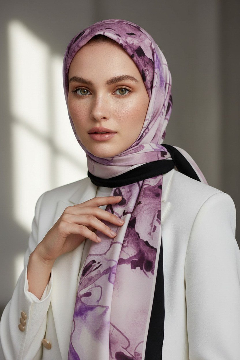 KREP SULU BOYA YAPRAK DESENLİ LİLA RENKLİ 75X195 KIRIŞMAZ ŞAL