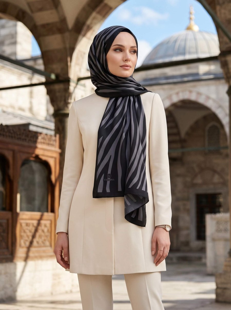 Kırışmaz Krep Şal Zebra Desenli Siyah Füme 75x190 cm – Kolay Şekil Alan