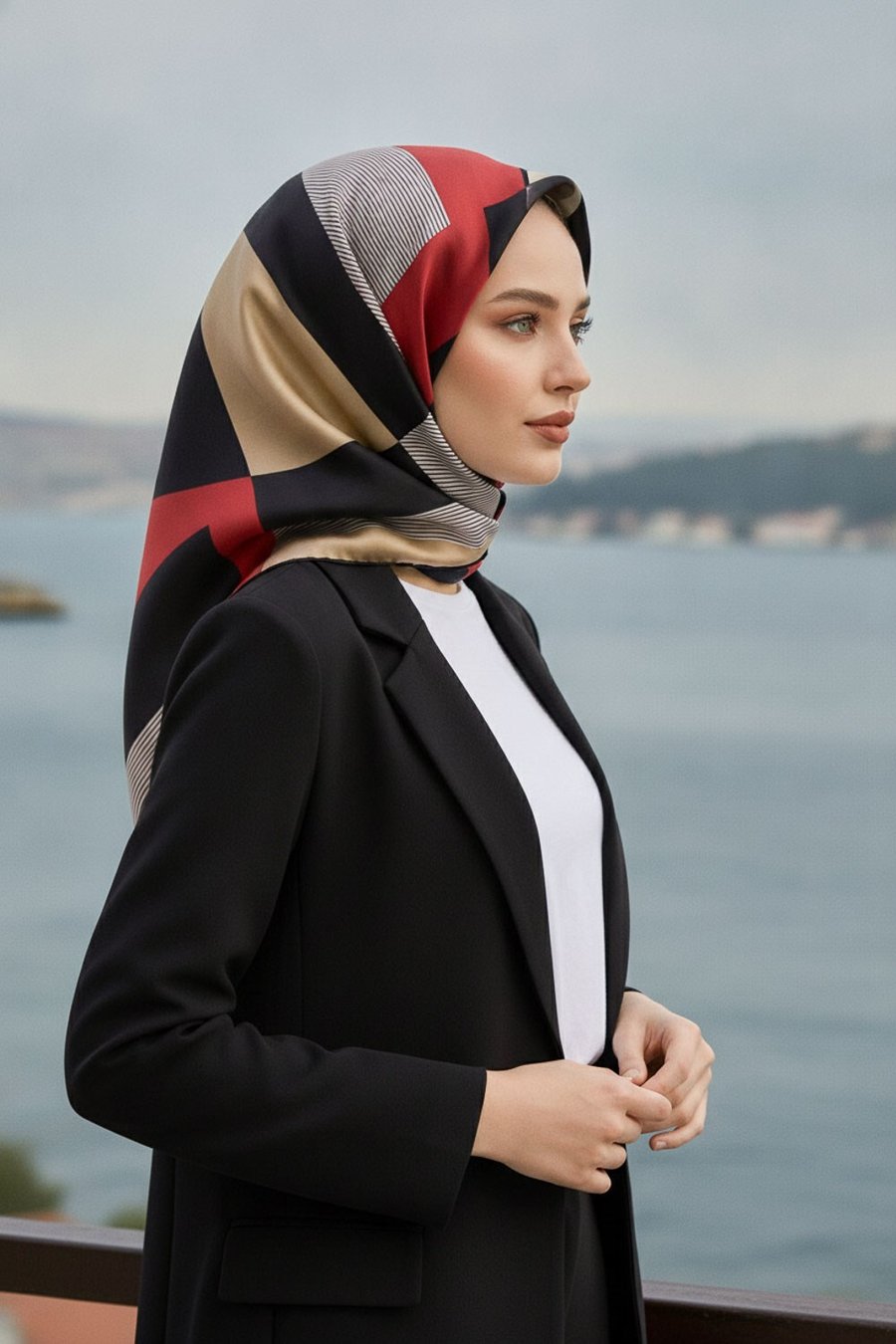 %100 Twill İpek Geometrik Çizgi Desenli Bej - Kırmızı Renkli 90x90 Eşarp Kenar Dikiş Şekli El Dikişli
