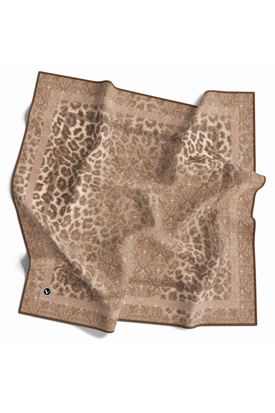 Twill Leopar Desenli Bej Renkli 90x90 Eşarp (İpek İçermez) Kenar Dikiş Şekli El Dikişli