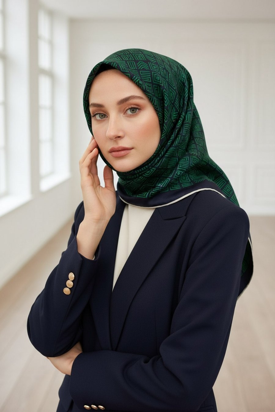 %57 İPEK %43 VİSKON Twill İpek Etnik Motif Desenli Zümrüt Yeşili - Lacivert Renkli 90x90 Eşarp Dikim Şekli : El Dikişi