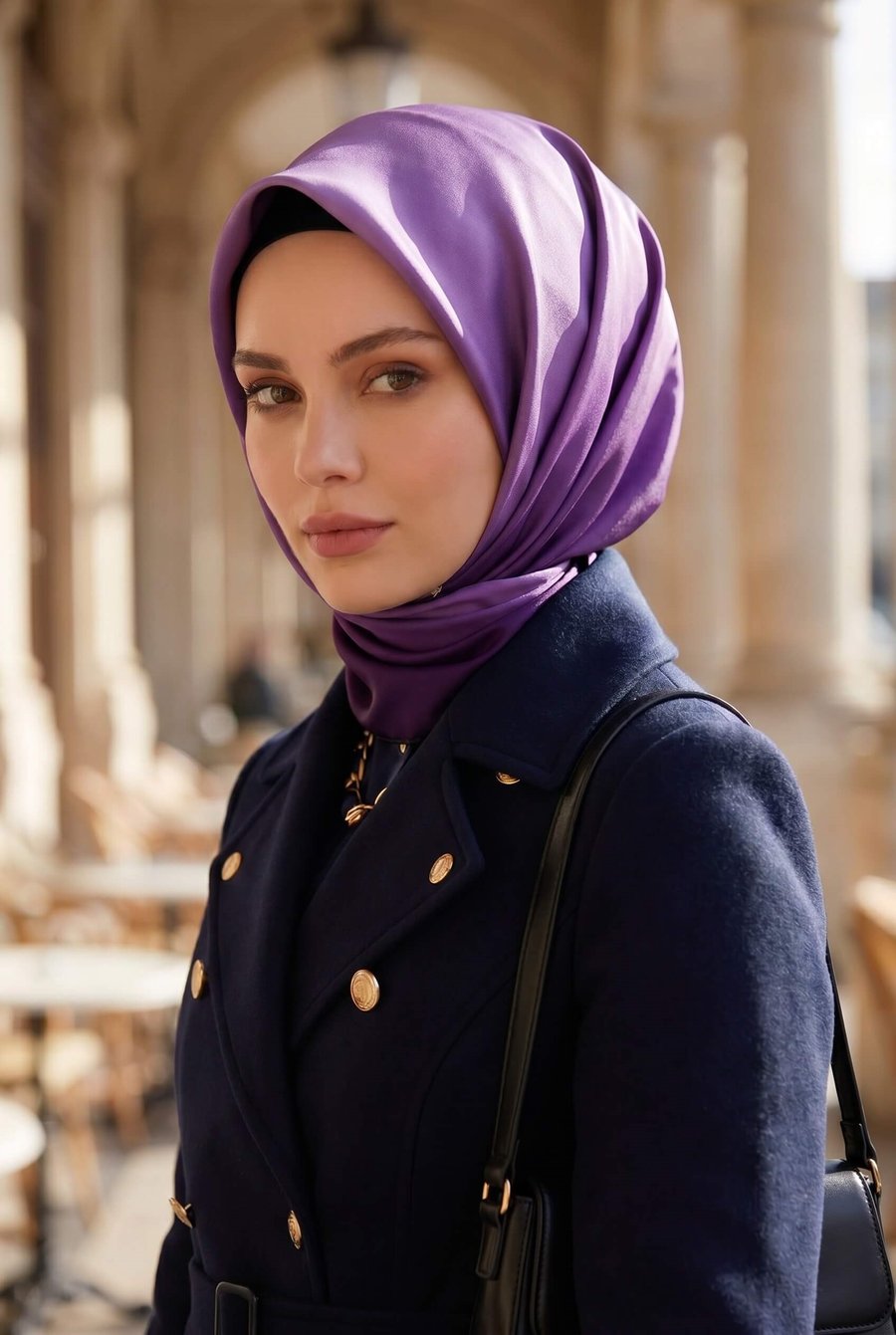 %100 Twill İpek Degrade Desenli Mürdüm Renkli 90x90 Eşarp Dikim Şekli : El Dikişi