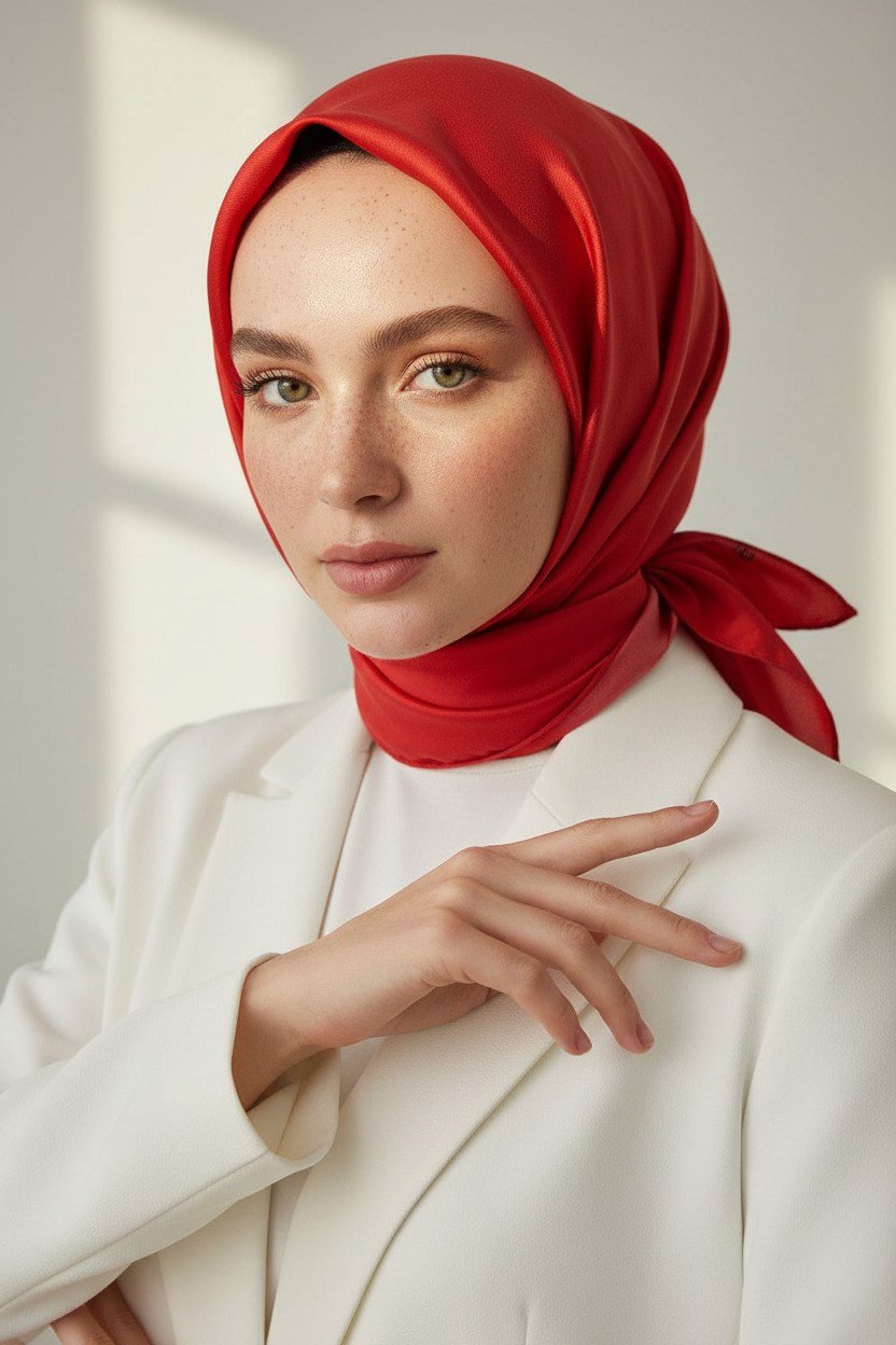 %100 Twill İpek Düz Kırmızı Renkli Daha Tok Exclusive Serisi 90x90 Eşarp Dikim Şekli : El Dikişi