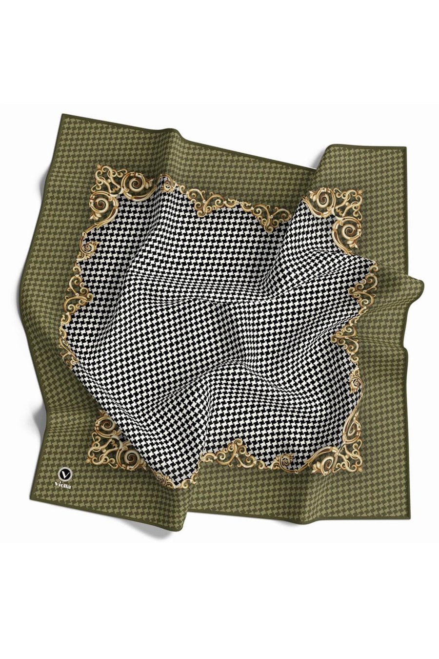 Soft Bordürlü Barok Çerçeveli Kazayağı Desenli Haki Renkli 90x90 Eşarp (İpek İçermez) Kenar Dikiş Şekli El Dikişli