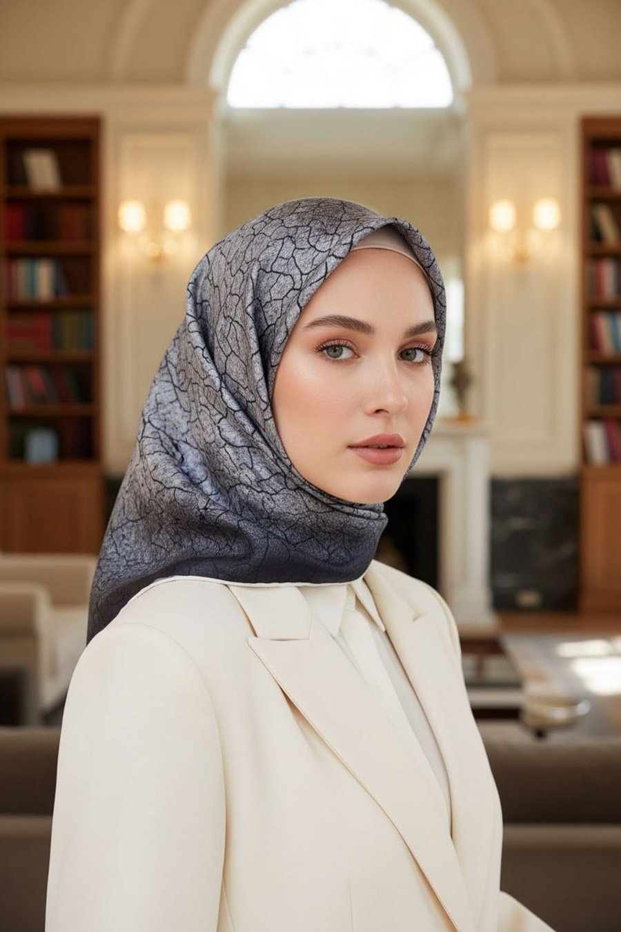 % 57 İPEK % 43 VİSKON Twill İpek Bulut  Desenli Füme Renkli 90x90 Eşarp Dikim Şekli : El Dikişi