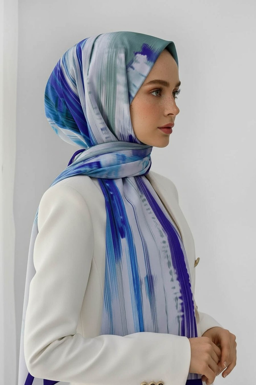 KREP ÇİZGİ DESENLİ SAKS RENKLİ 75X195 KIRIŞMAZ ŞAL