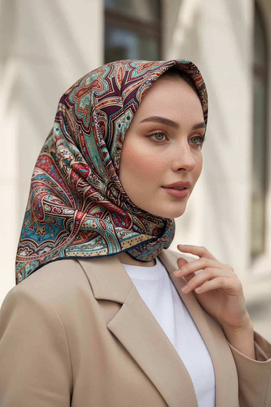 100% Twill İpek Etnik Desenli Lacivert Renkli 90x90 Dikim Şekli : El Dikişi Eşarp
