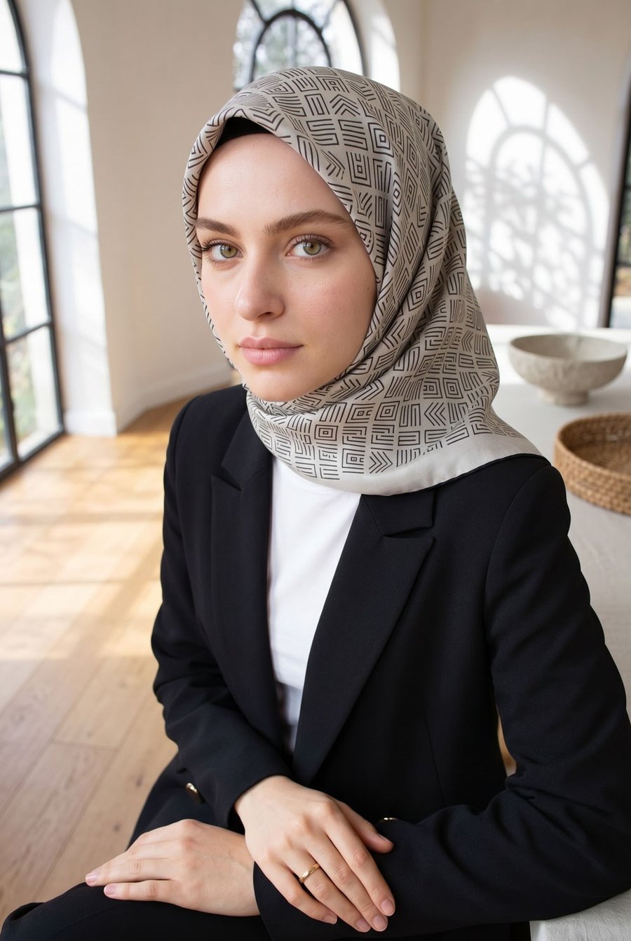100% Twill İpek Etnik Motif Desenli Krem - Siyah Renkli 90x90 Dikim Şekli : El Dikişi Eşarp