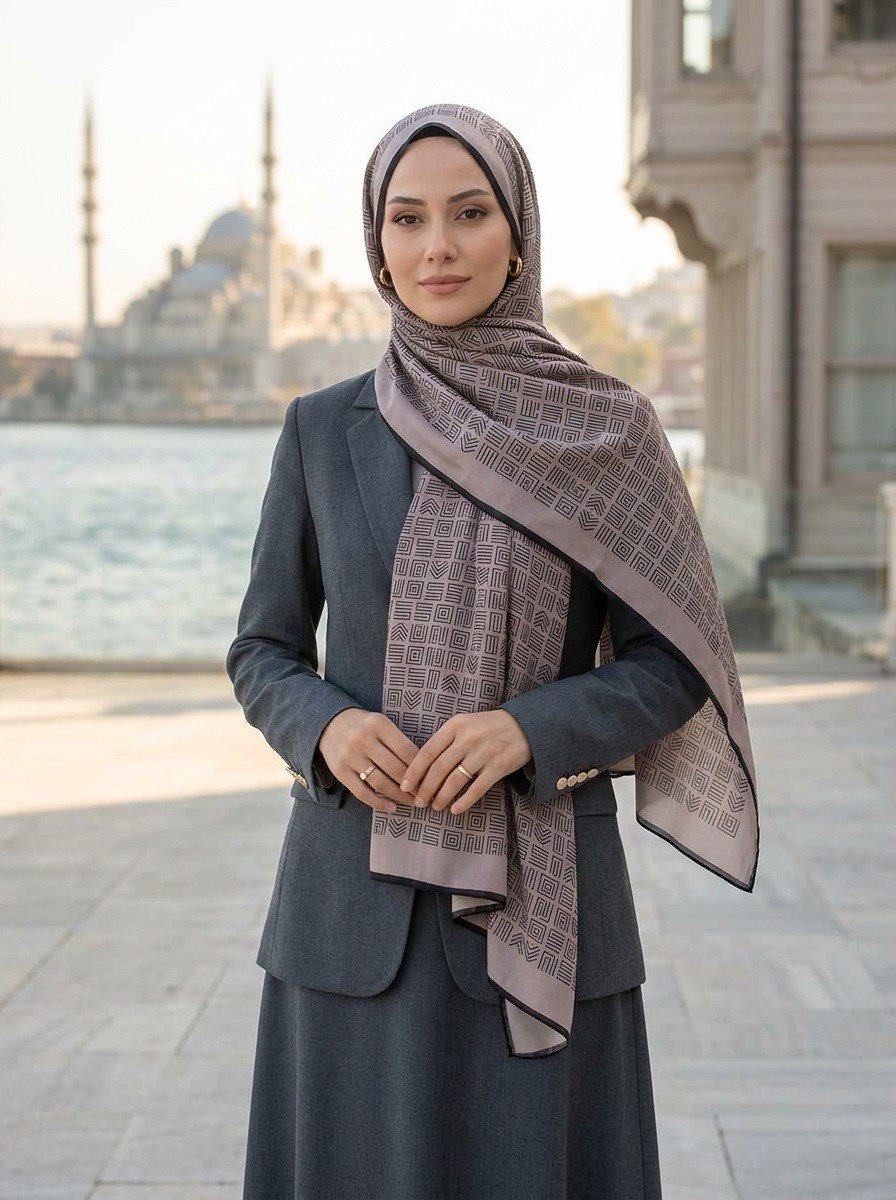%100 Saf İpek Şal İnce Saten Vual Dokuma Etnik Desenli Vizon - Siyah Renkli 90x210 Şal