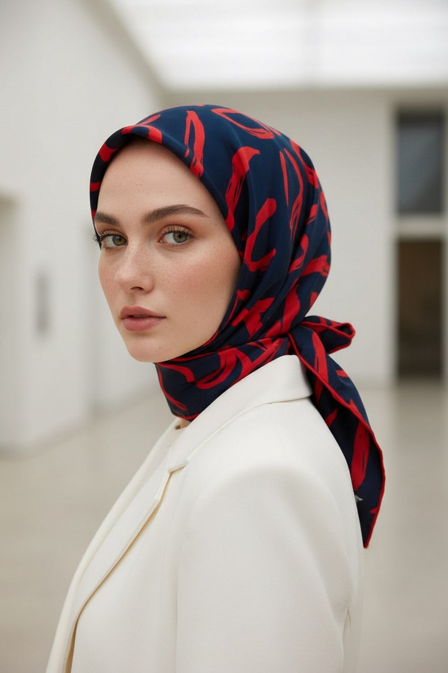 %100 Twill İpek Büyük Çiçek Desenli Lacivert - Kırmızı Renkli 90x90 Eşarp Dikim Şekli : El Dikişi