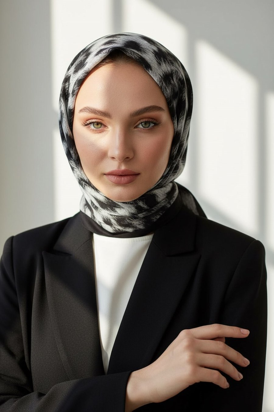 KREP LEOPAR DESENLİ SİYAH - KREM RENKLİ 75X195 KIRIŞMAZ ŞAL