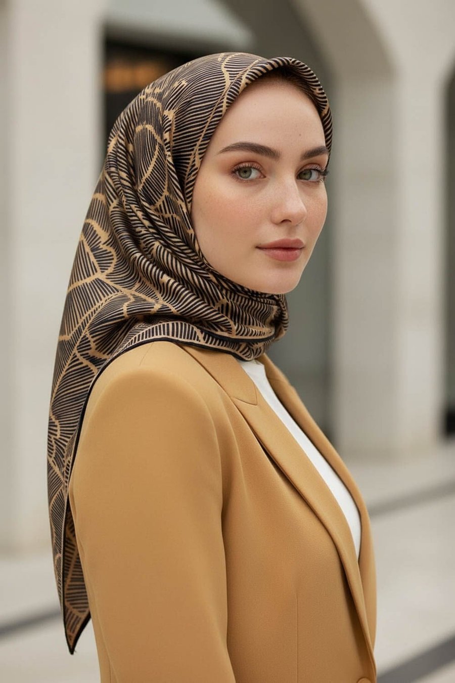 %100 Twill İpek Geometrik Desenli Gold - Siyah Renkli 90x90 Eşarp Dikim Şekli : El Dikişi